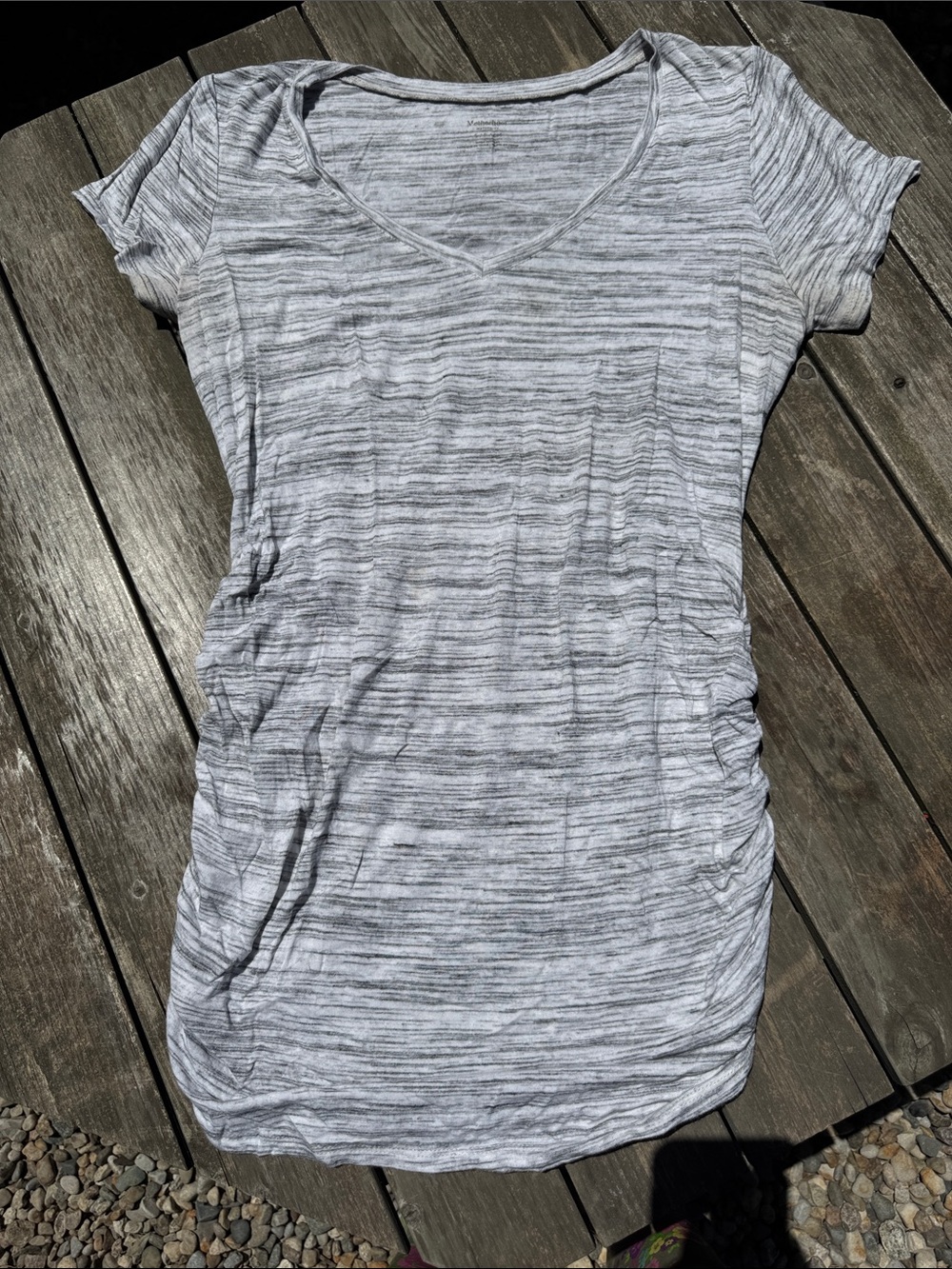 Women's Maternity Gray Striped V-Neck Short Sleeve Top